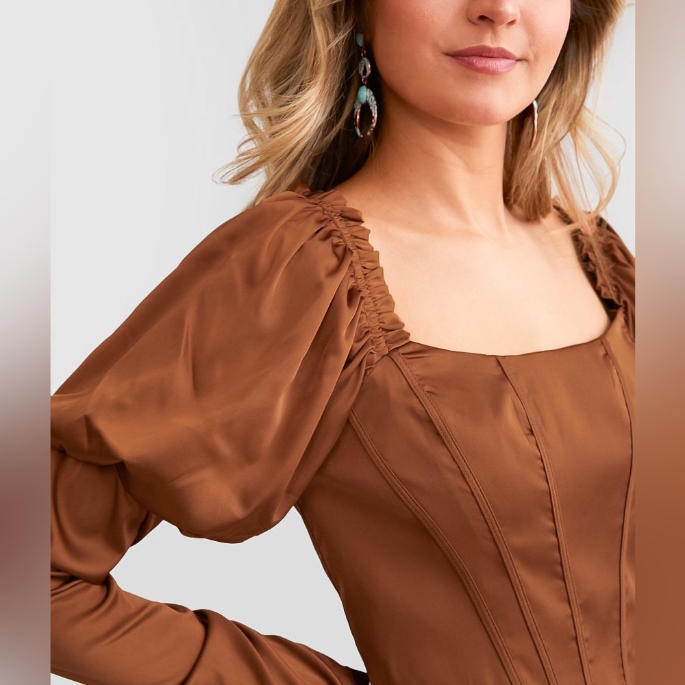NWT Papermoon Satin Puff Sleeve Cropped Top Copper Brown Size Small - Picture 4 of 5